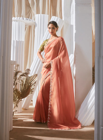 Peach Fancy Tissue Embroidery Work Saree