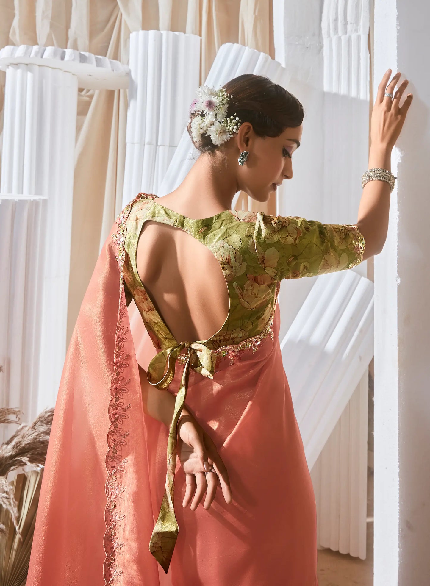 Peach Fancy Tissue Embroidery Work Saree