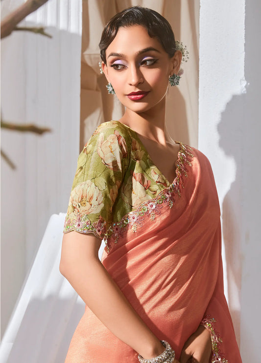 Peach Fancy Tissue Embroidery Work Saree