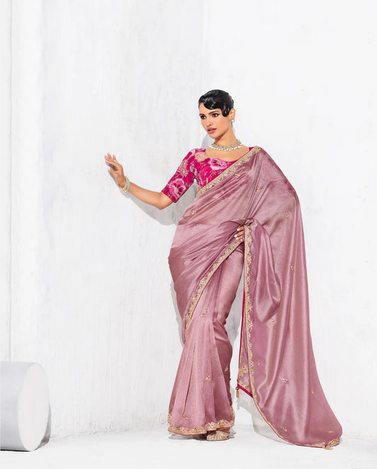 Rosy Pink Glass Tissue Embroidery Party Wear Saree