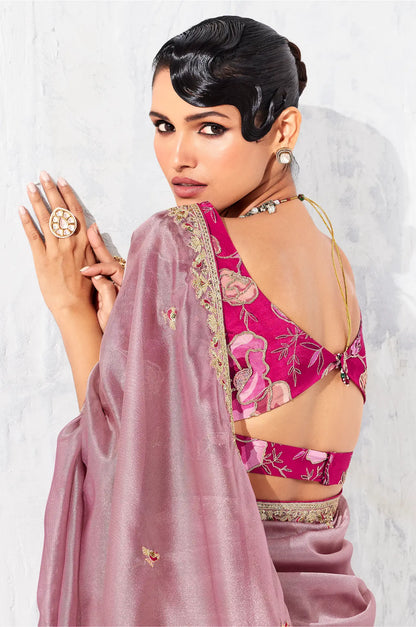 Rosy Pink Glass Tissue Embroidery Party Wear Saree