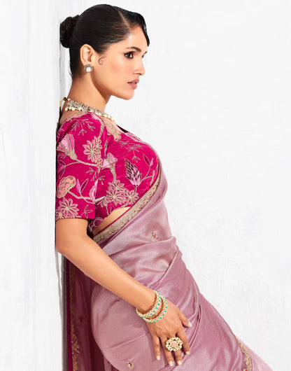 Rosy Pink Glass Tissue Embroidery Party Wear Saree