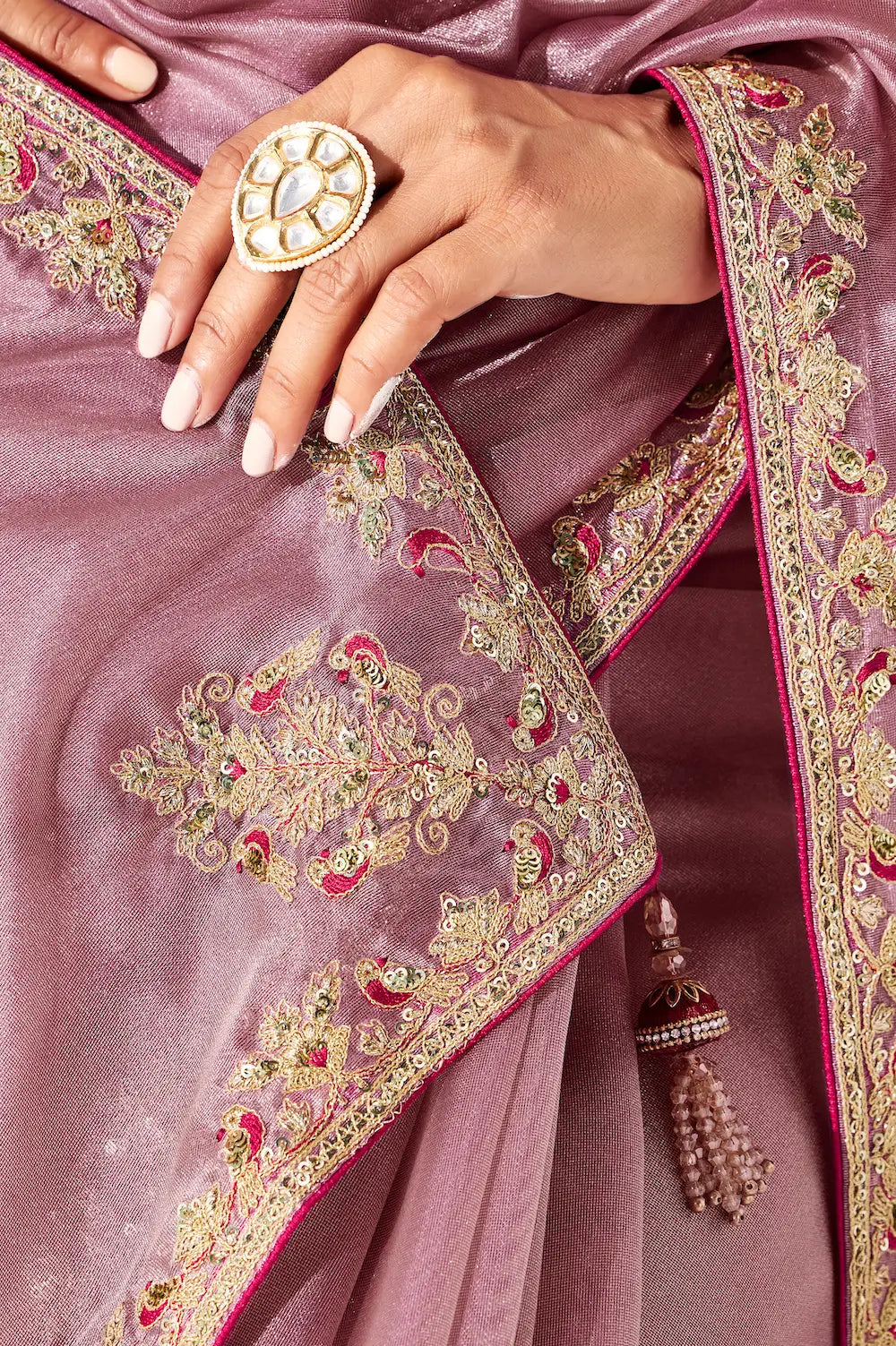 Rosy Pink Glass Tissue Embroidery Party Wear Saree