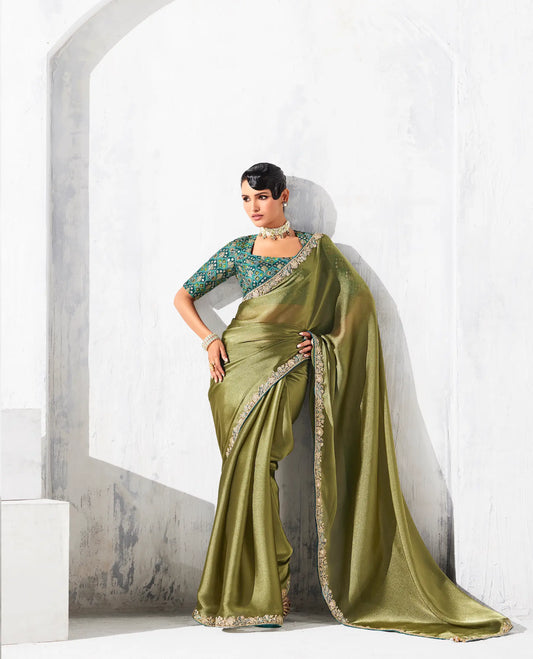 Olive Green Glass Tissue Embroidery Party Wear Saree