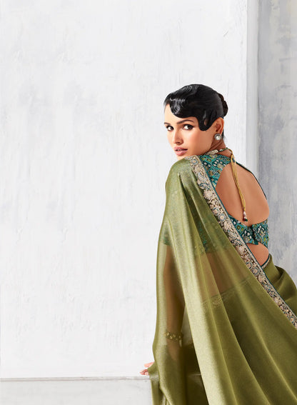 Olive Green Glass Tissue Embroidery Party Wear Saree