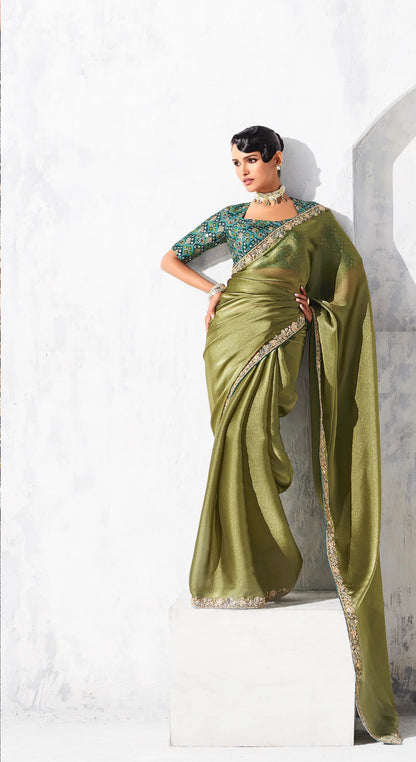 Olive Green Glass Tissue Embroidery Party Wear Saree