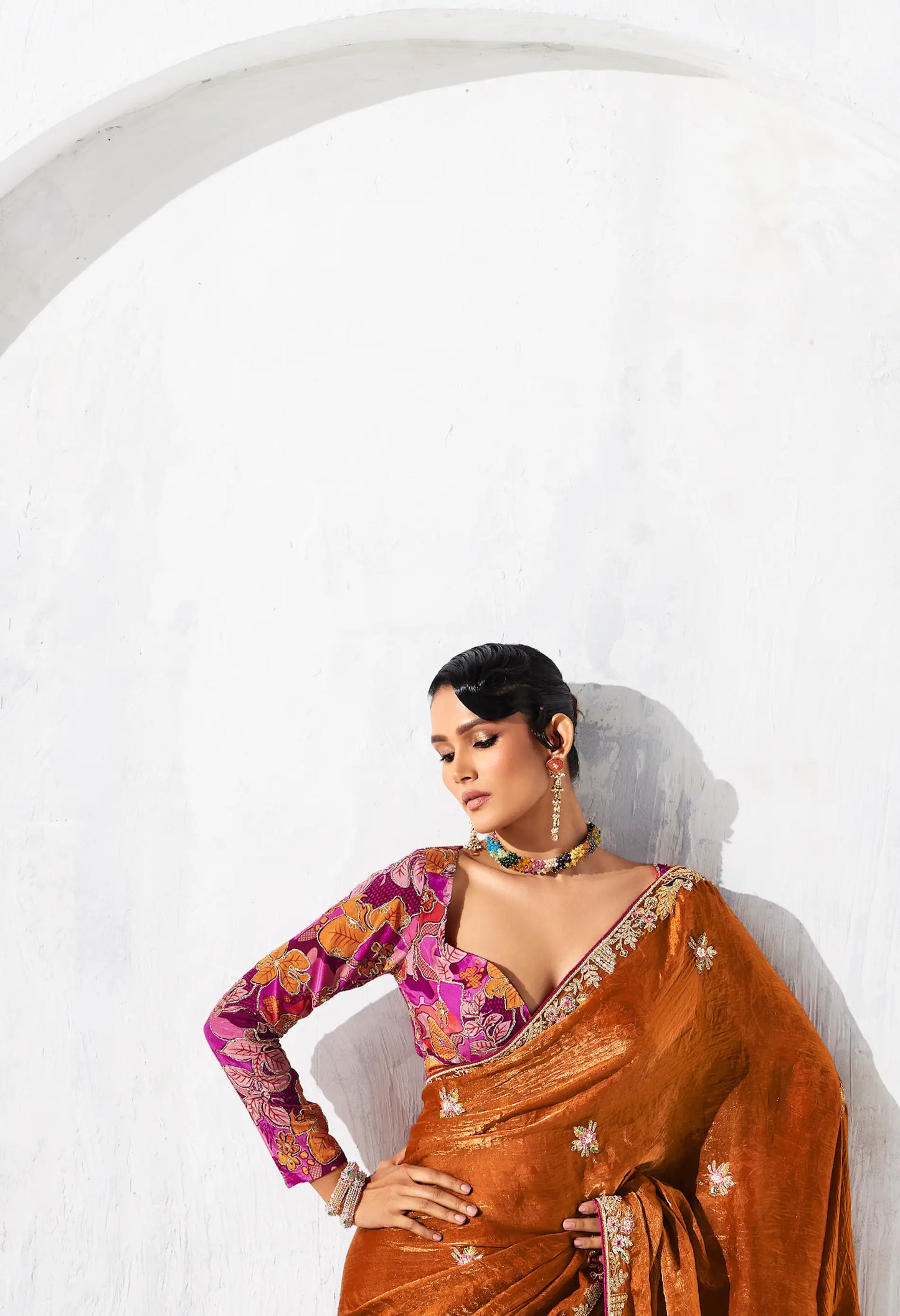 Rust Orange Glass Tissue Embroidery Party Wear Saree