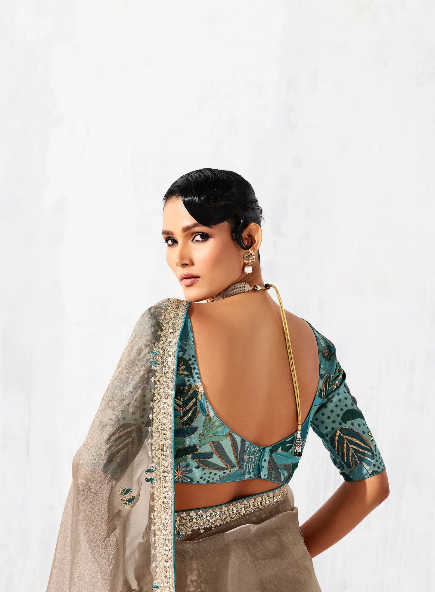 Dusty Beige Glass Tissue Embroidery Party Wear Saree