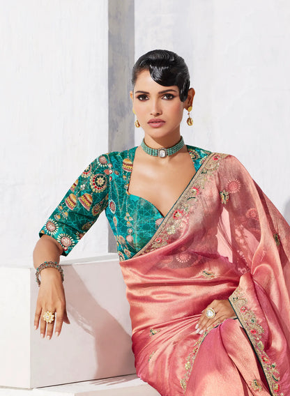 Peach Pink Glass Tissue Embroidery Party Wear Saree