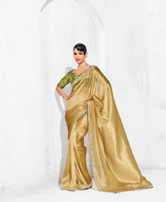 Sand Yellow Glass Tissue Embroidery Party Wear Saree