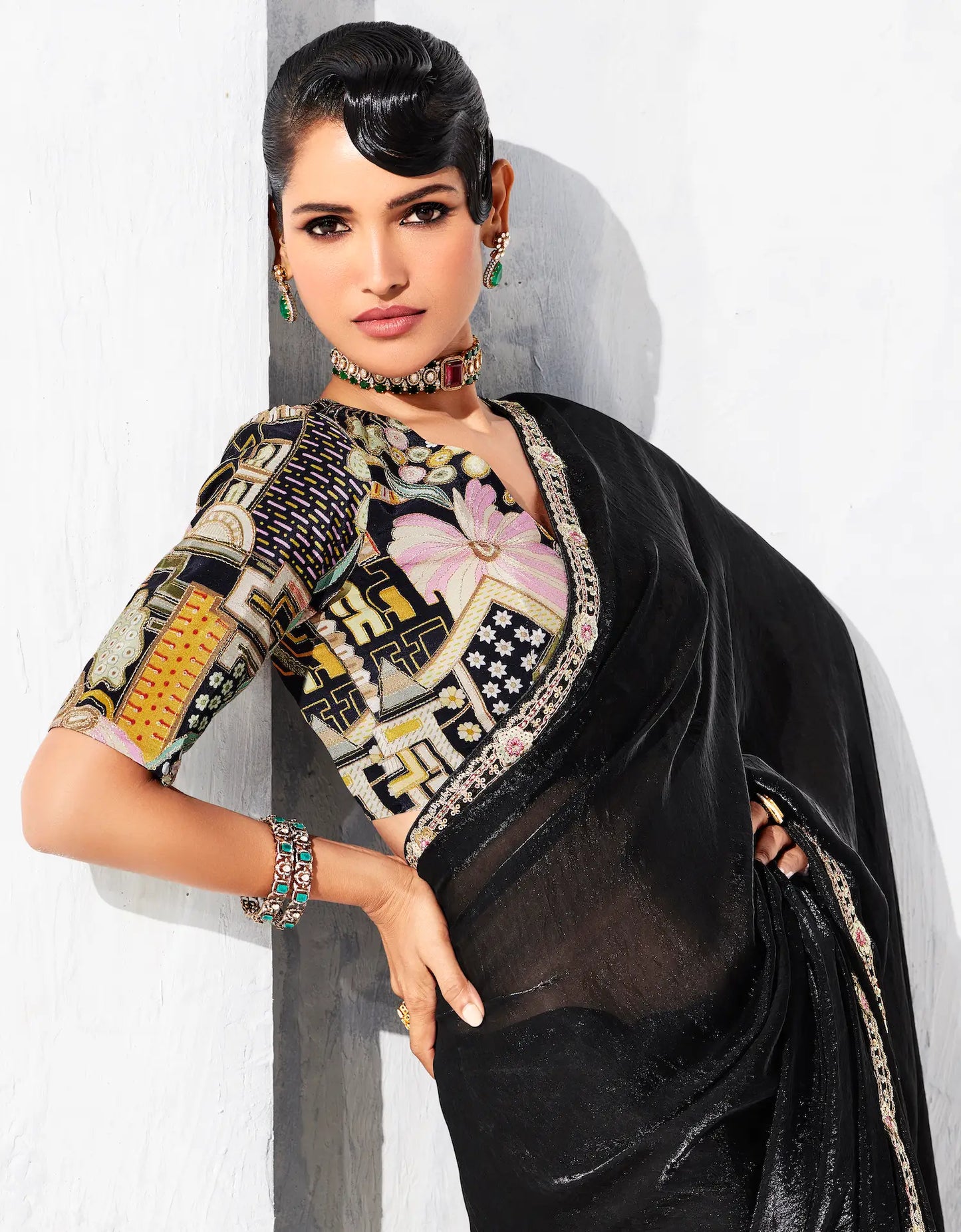Hot Black Glass Tissue Embroidery Party Wear Saree