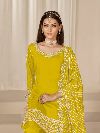 Yellow Roman Silk Mirror & Embroidery Work Salwar Suit