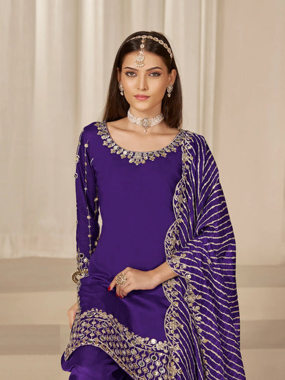 Purple Roman Silk Mirror & Embroidery Work Salwar Suit
