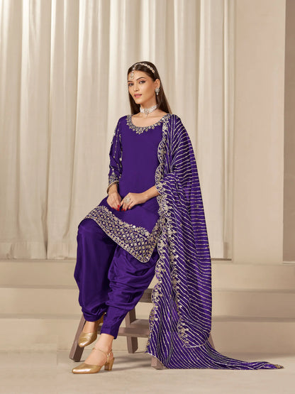 Purple Roman Silk Mirror & Embroidery Work Salwar Suit