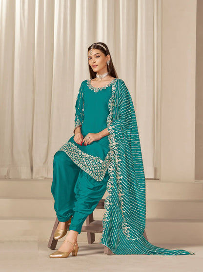 Aqua Blue Roman Silk Mirror & Embroidery Work Salwar Suit