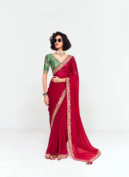 Scarlet Red Embroidered Party Wear Saree