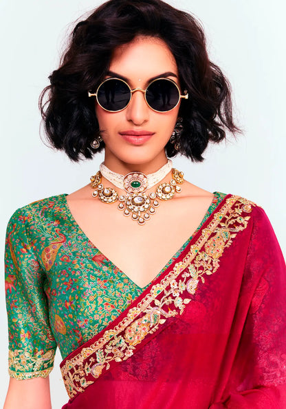 Scarlet Red Embroidered Party Wear Saree