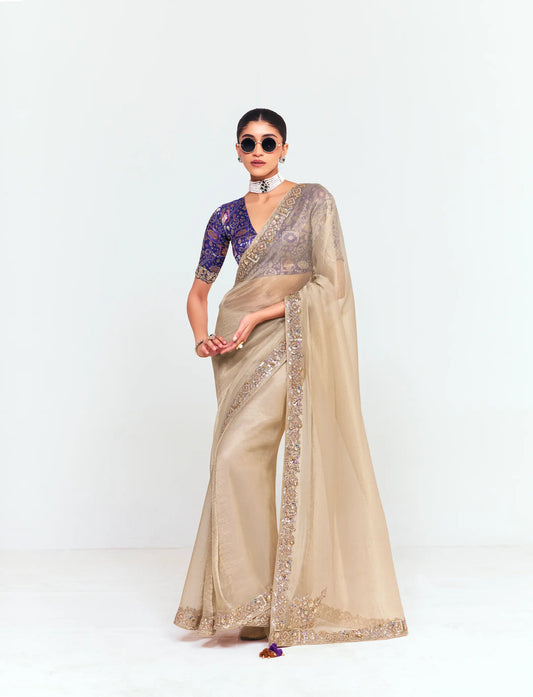 Champagne Embroidered Party Wear Saree
