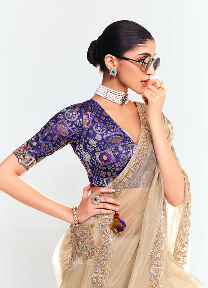 Champagne Embroidered Party Wear Saree