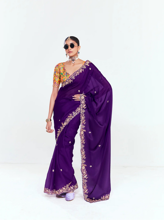 Royal Purple Embroidered Party Wear Saree