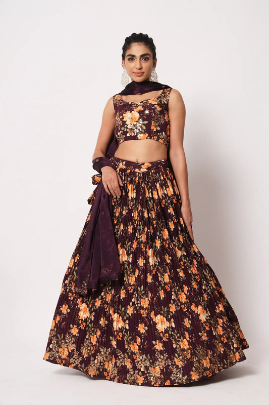 Maroon Art Silk Lehenga Choli With Crush, Print & Sequence Embroidery Work