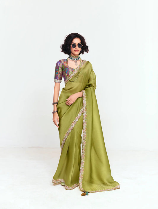Olive Green Embroidered Party Wear Saree