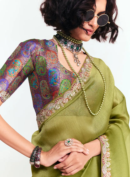 Olive Green Embroidered Party Wear Saree