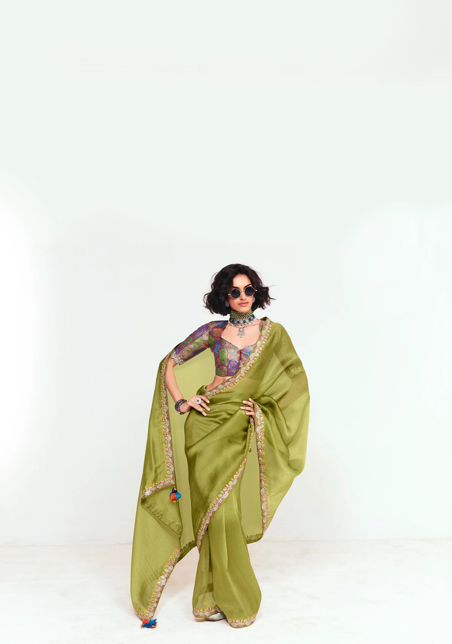 Olive Green Embroidered Party Wear Saree