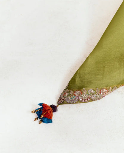 Olive Green Embroidered Party Wear Saree