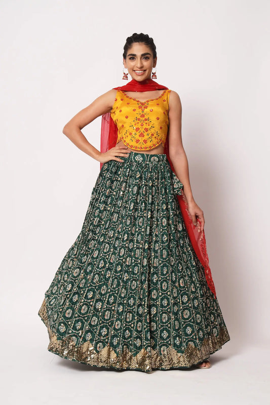 Green Art Silk Lehenga Choli With Crush, Print & Sequence Embroidery Work