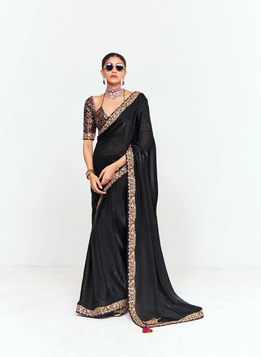 Smoky Black Embroidered Party Wear Saree