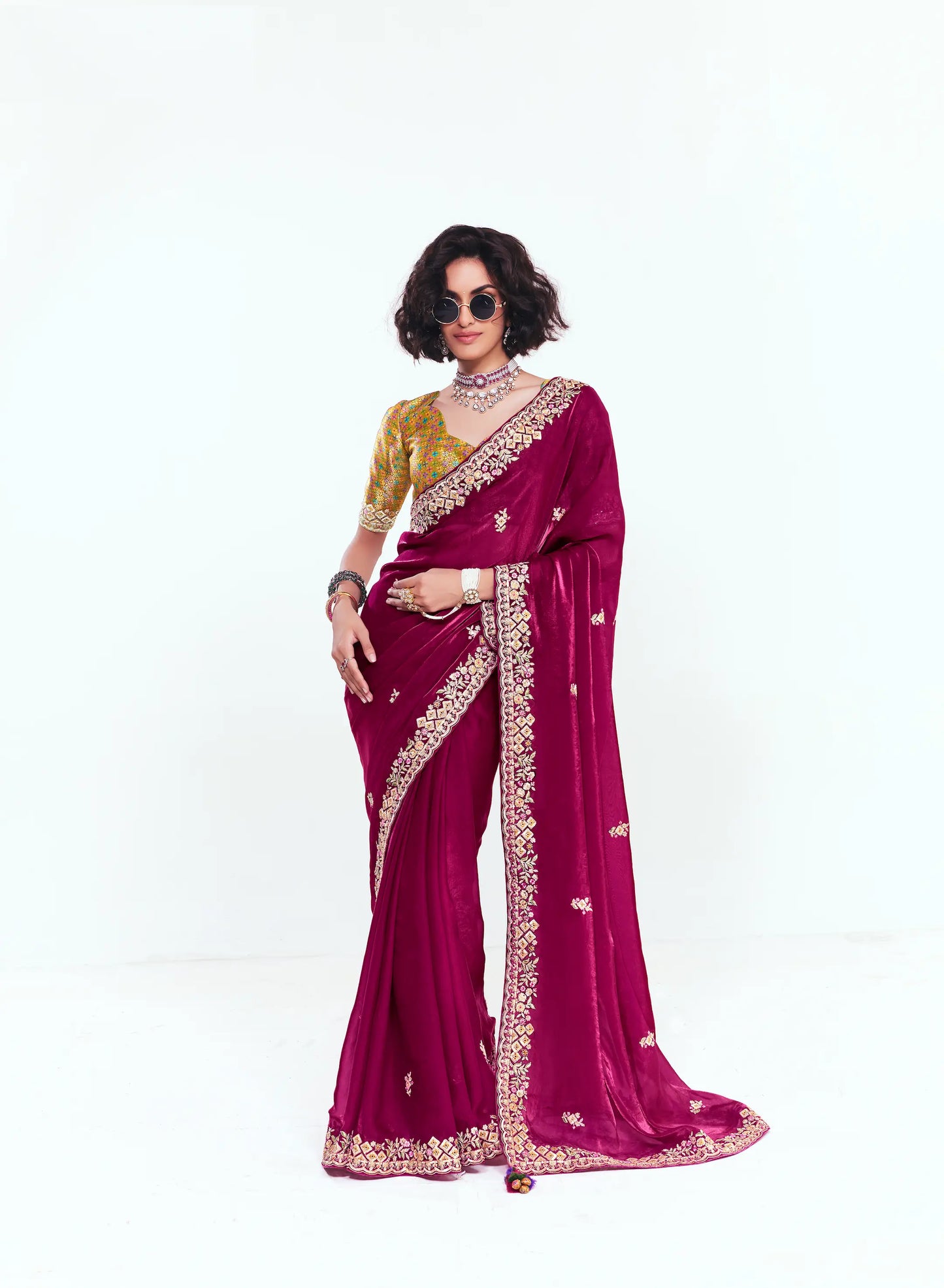 Wine Red Embroidered Party Wear Saree