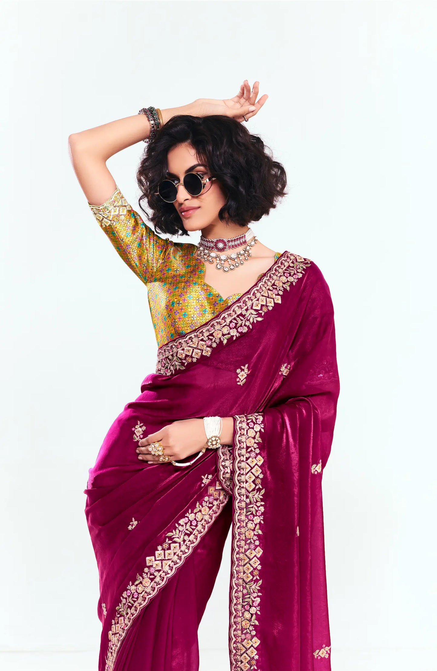 Wine Red Embroidered Party Wear Saree