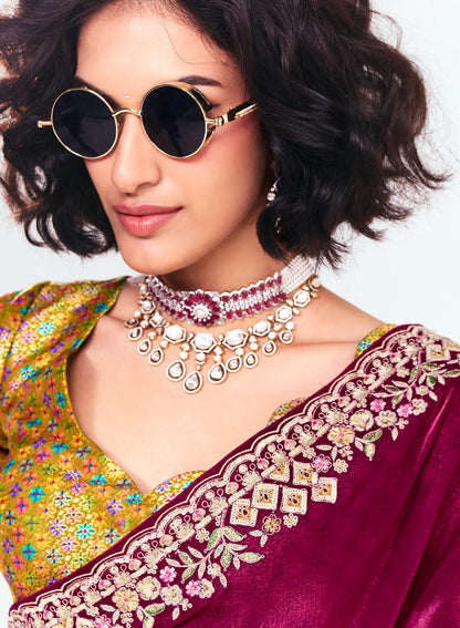 Wine Red Embroidered Party Wear Saree