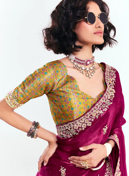 Wine Red Embroidered Party Wear Saree