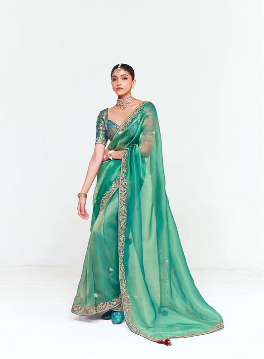 Dusty Teal Embroidered Party Wear Saree