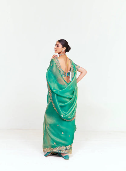 Dusty Teal Embroidered Party Wear Saree