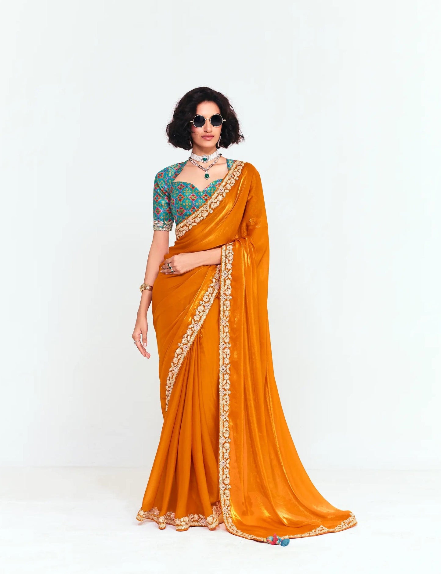Bright Orange Embroidered Party Wear Saree