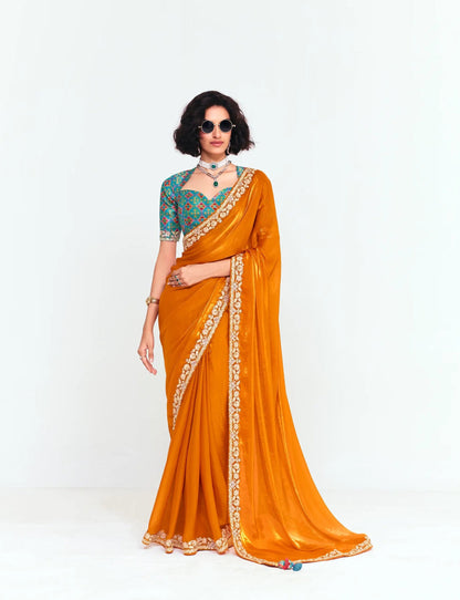 Bright Orange Embroidered Party Wear Saree