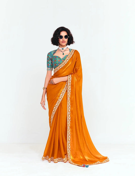 Bright Orange Embroidered Party Wear Saree