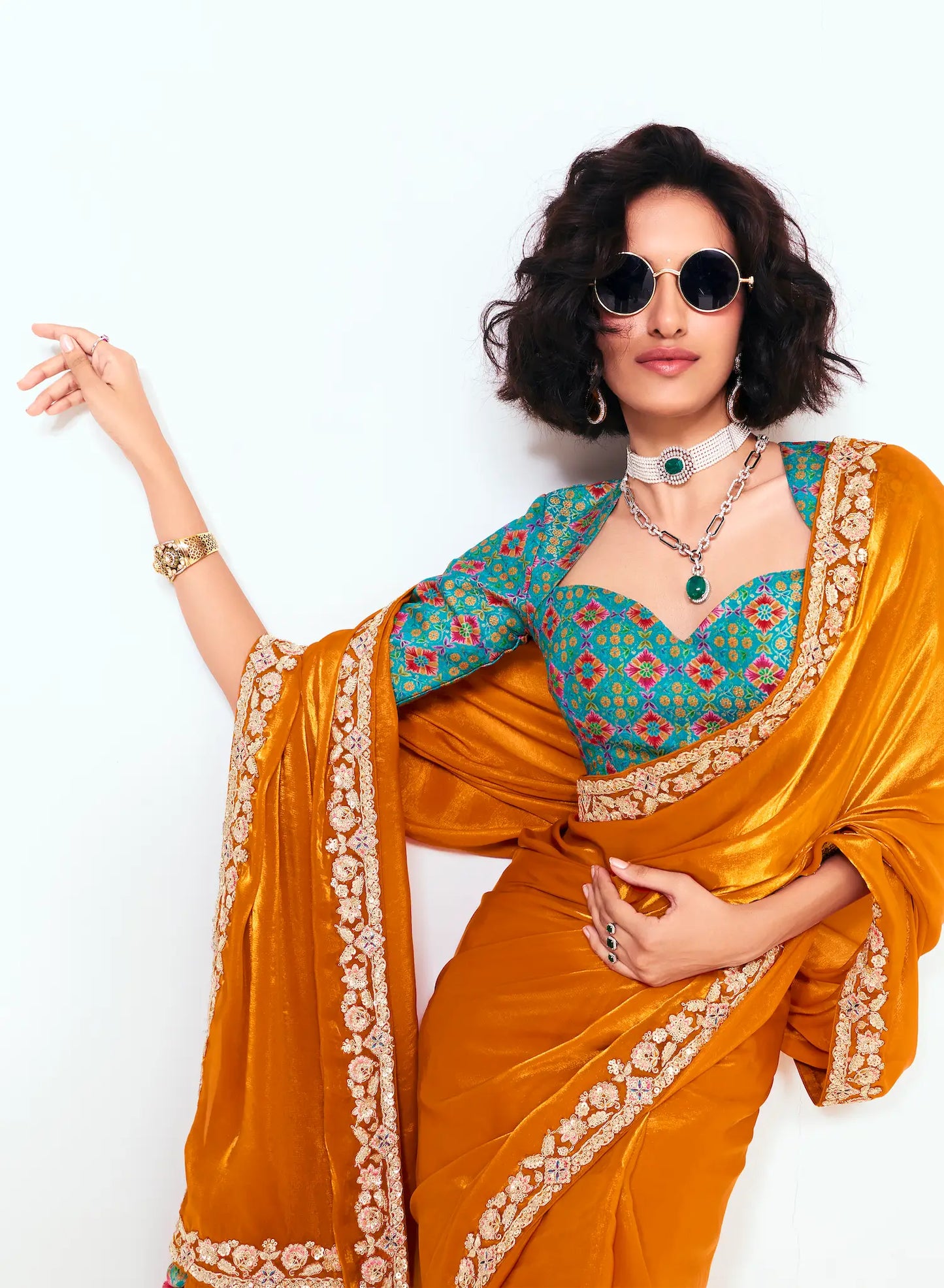 Bright Orange Embroidered Party Wear Saree