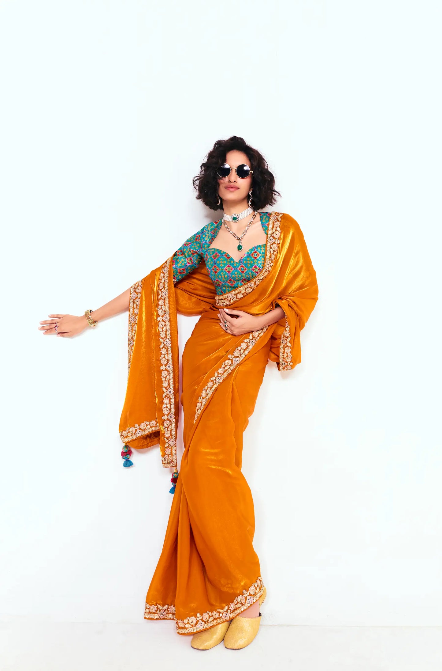 Bright Orange Embroidered Party Wear Saree