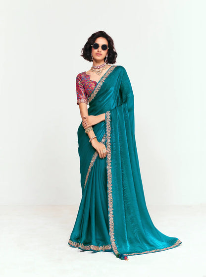 Deep Teal Embroidered Party Wear Saree