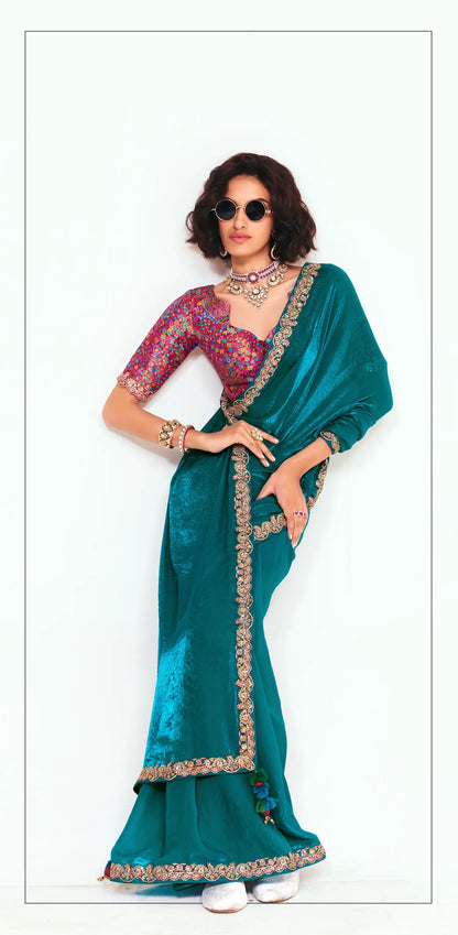 Deep Teal Embroidered Party Wear Saree