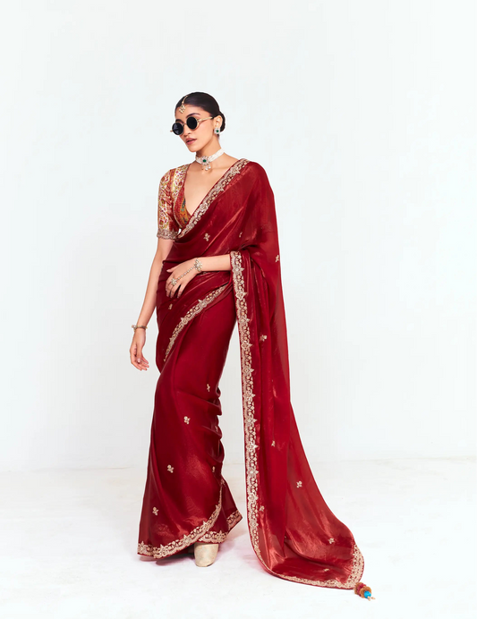 Rich Maroon Embroidered Party Wear Saree