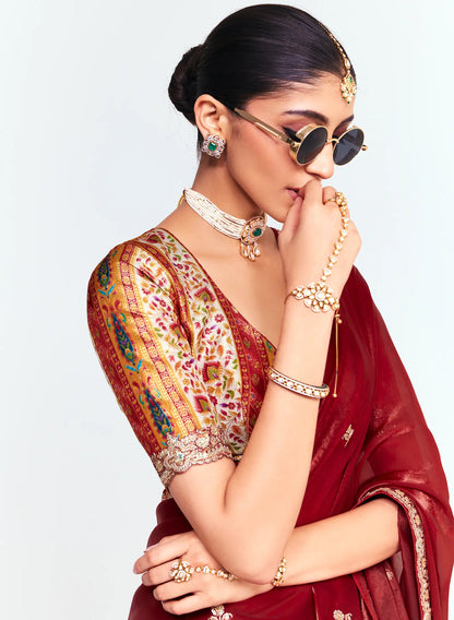 Rich Maroon Embroidered Party Wear Saree