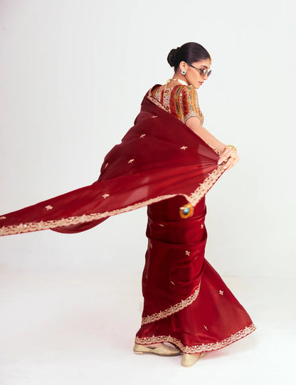 Rich Maroon Embroidered Party Wear Saree