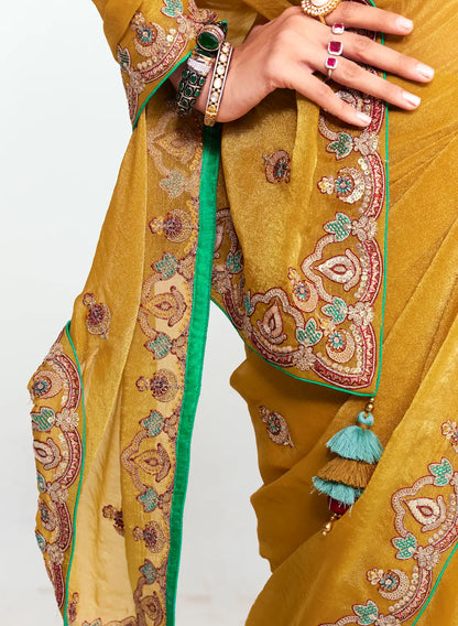 Fuel Yellow Embroidered Party Wear Saree