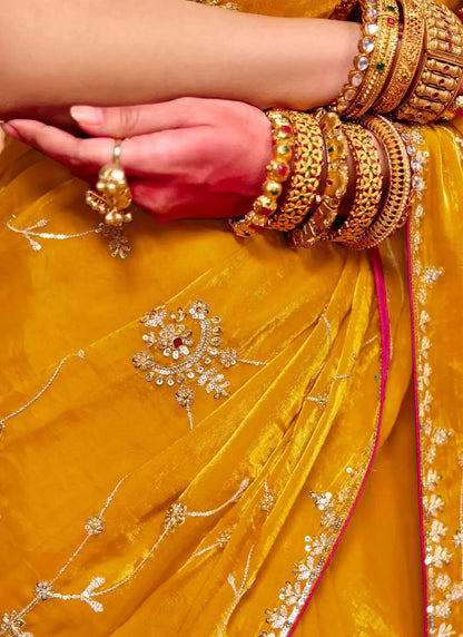 Bee Yellow Satin Embroidery Saree