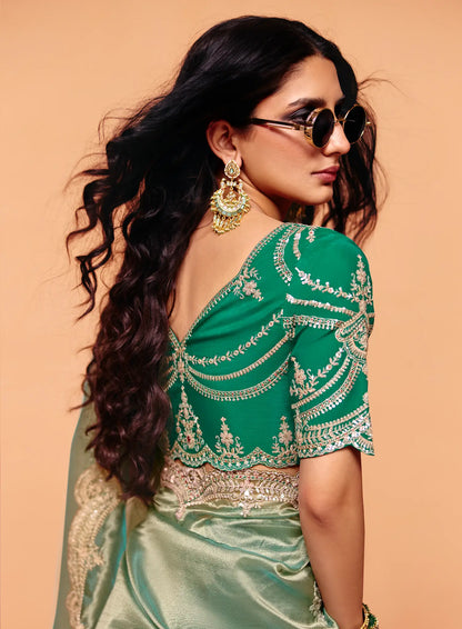 Sage Green Organza Embroidery Saree